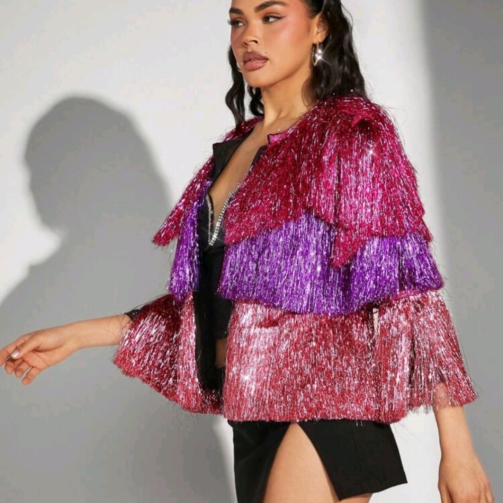 Colorblock Metallic Fringe Open Coat - Picture 6 of 6